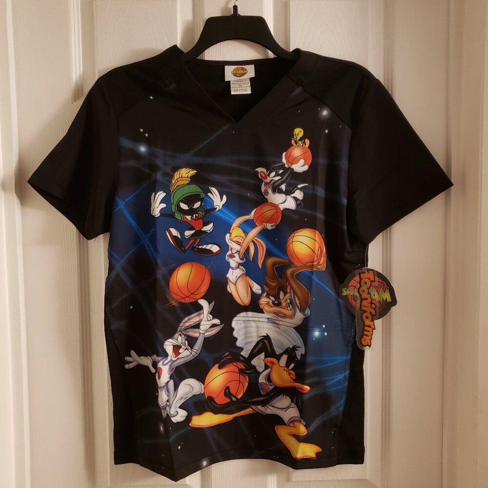 Looney Tunes Space Jam Basketball Tooniforms Small Scrub Top Unisex V-Neck Shirt